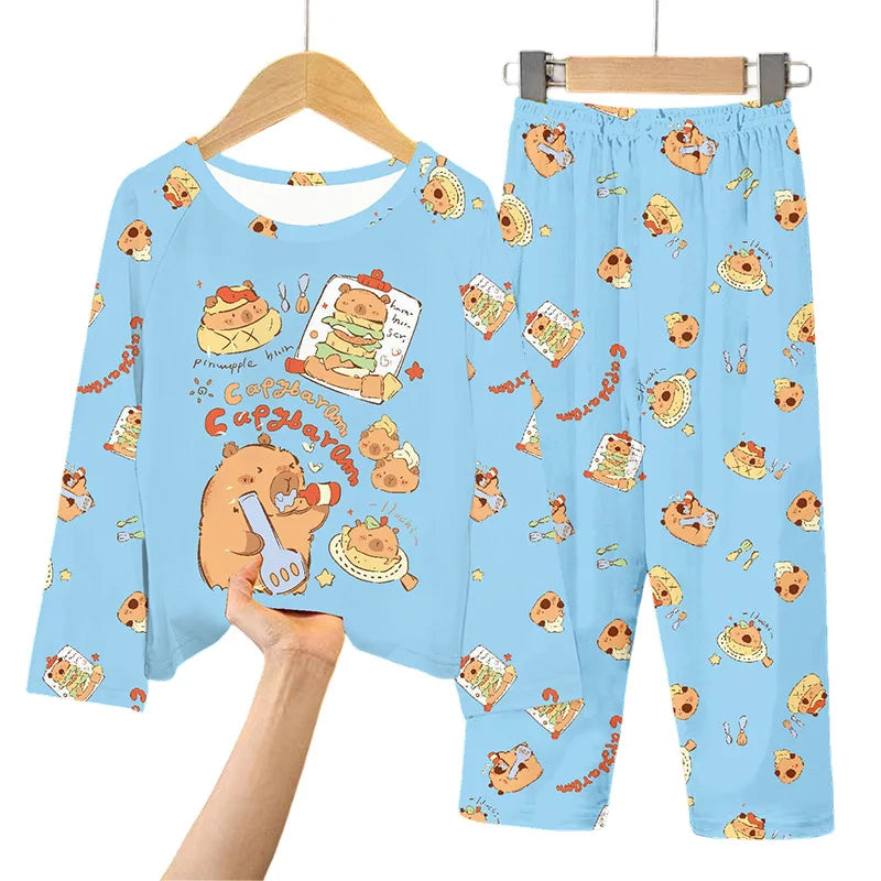 Capibara Kids Pajama Sets Long Sleeve Loungewear with Cute Animal Print Soft Sleepwear for Boys/Girls Cartoon Sleep Pants Outfit