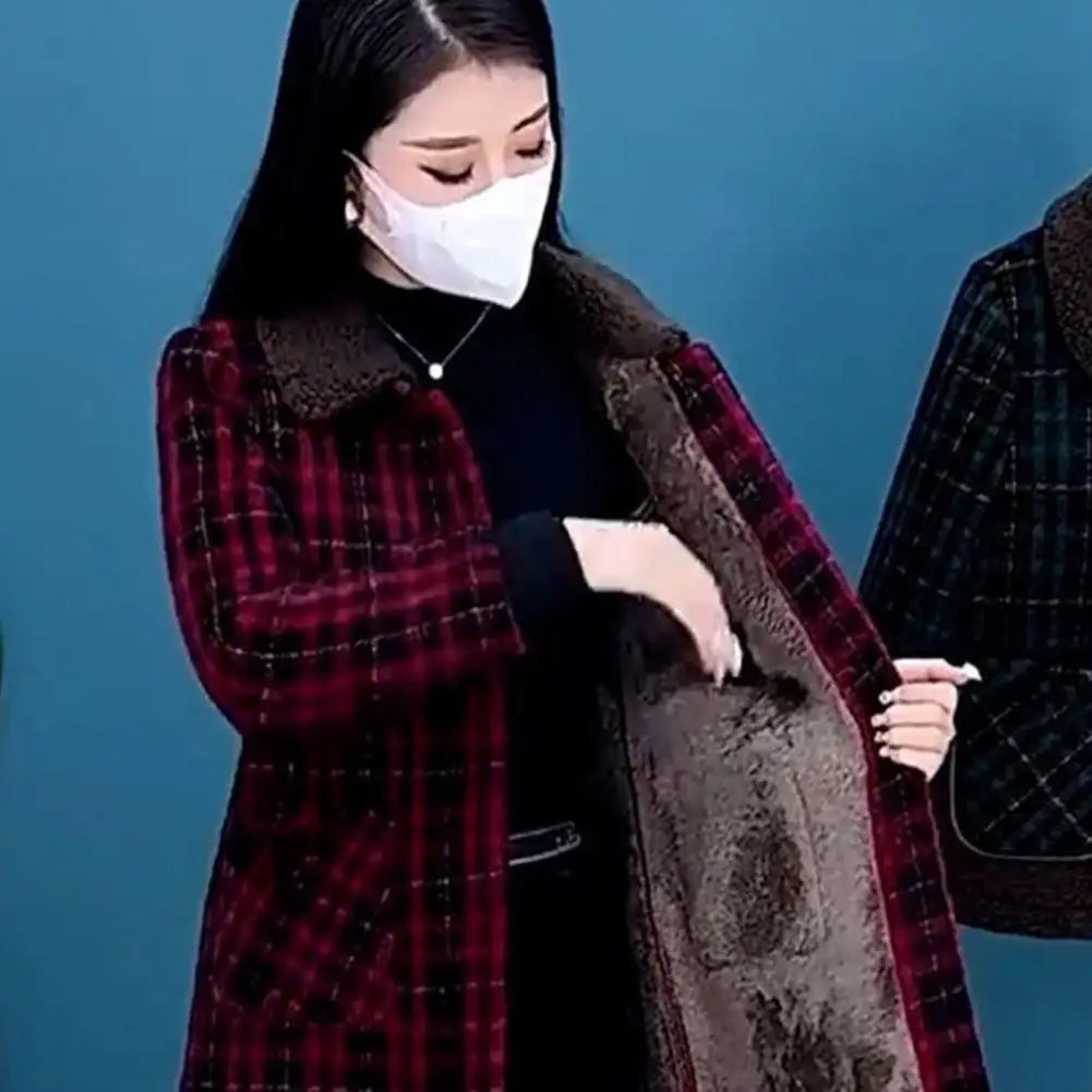 Women Plaid Coat Checkered Winter Mother Jacket Pockets Turn-down Collar Single-breasted Mid Length Overcoat Mid-aged Women Coat