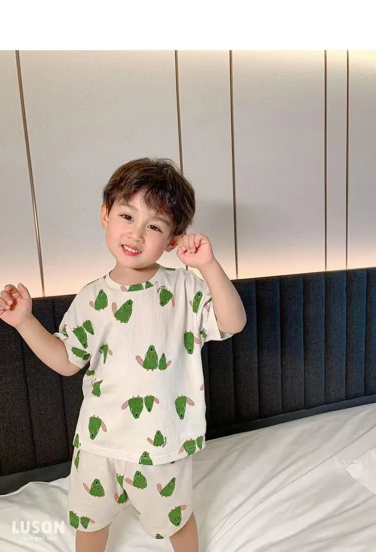 Summer Home Clothes Air-conditioned Clothes Boys and Girls Ice Silk Fabric Loose Short Sleeved Shorts Two-piece Set of Pajamas