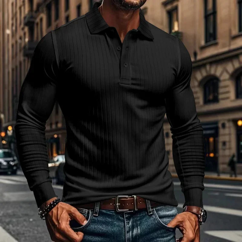 Business Striped Polo Shirt Men 2025 Autumn Men's American Lapel Tops Button-up Long-sleeve T-shirt Elastic Stripe Polo Shirts