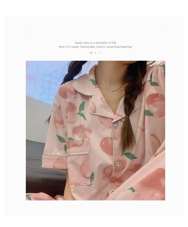 Women's Summer Three-Piece Pajama Set: Cute Teenage Student Short-Sleeved Long Pants Casual Korean-Style Pajamas Underwear