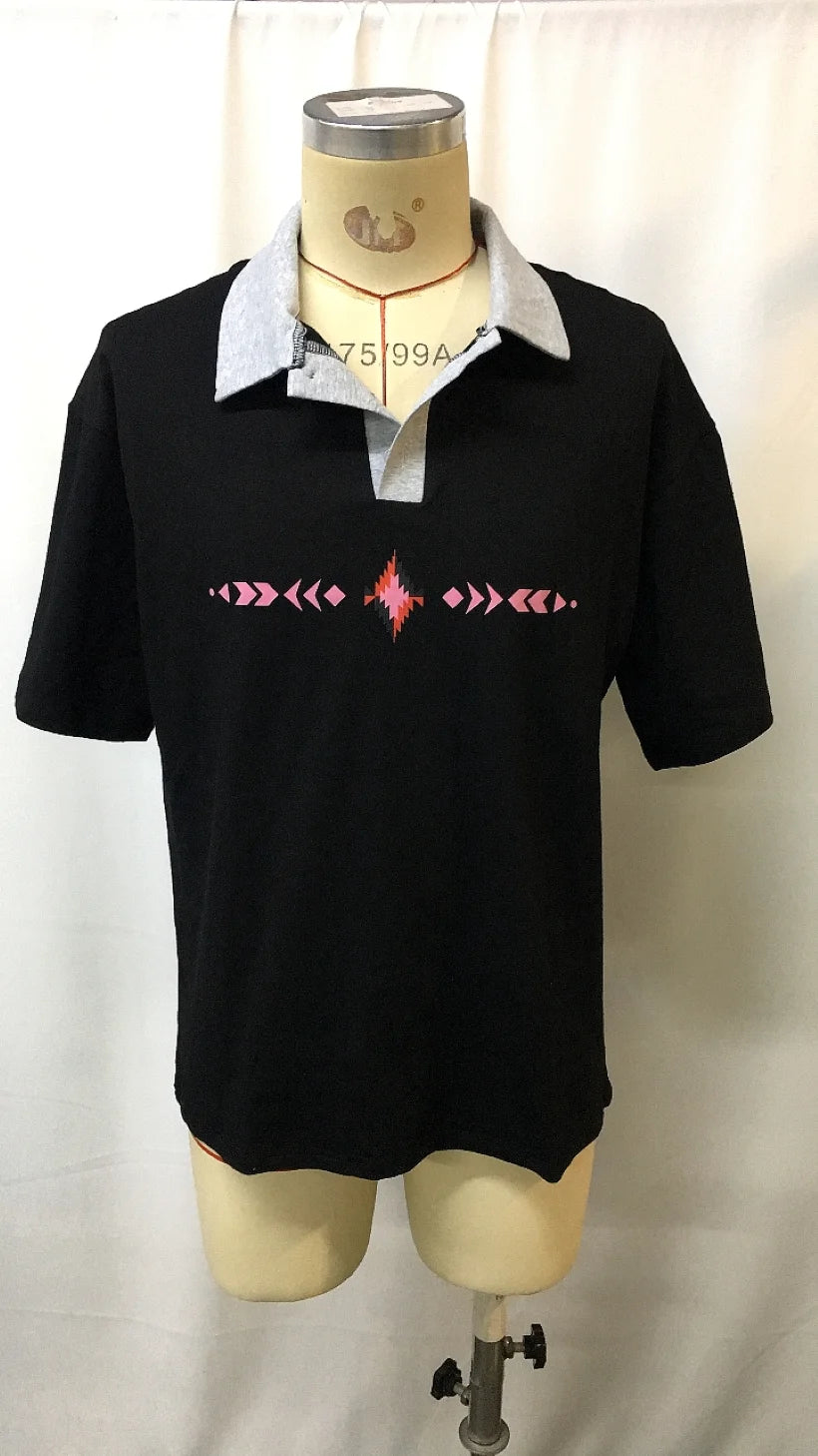 2025 Summer Surfing Polo Shirt for Men - Ethnic Print Contrast Color Stitching Unisex Oversized T-Shirt Casual Streetwear Fashio