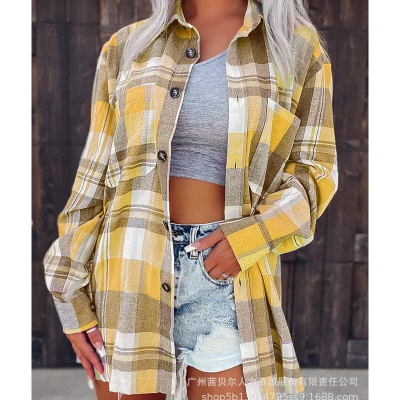 Women Coat Spring New Loose Plaid Pocket Splicing Shirt Coat Women Long Sleeve Single-Breasted Cardigan Turn-down Collar Coat