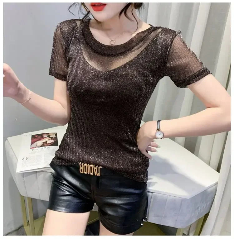 Summer Women Clothing 2025 New Half-sleeved Fashionable Short-sleeved T-shirt Hollow Mesh Top Lace Pullover