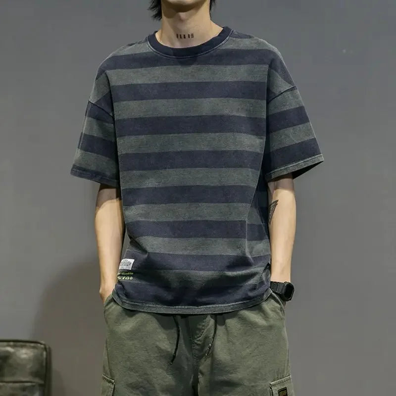 T Shirt for Men Striped Top Blue Loose Man Tee Shirts Vintage Clothing Baggy Basic Harajuku Casual Short Quarter Sleeve Kpop Hot