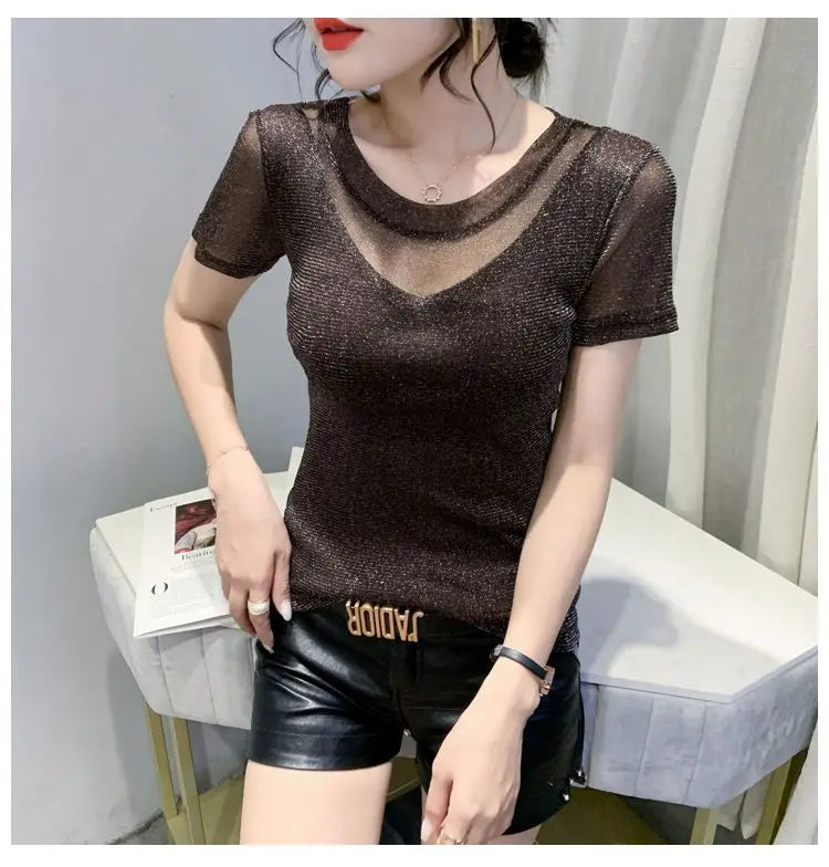 Summer Women Clothing 2025 New Half-sleeved Fashionable Short-sleeved T-shirt Hollow Mesh Top Lace Pullover