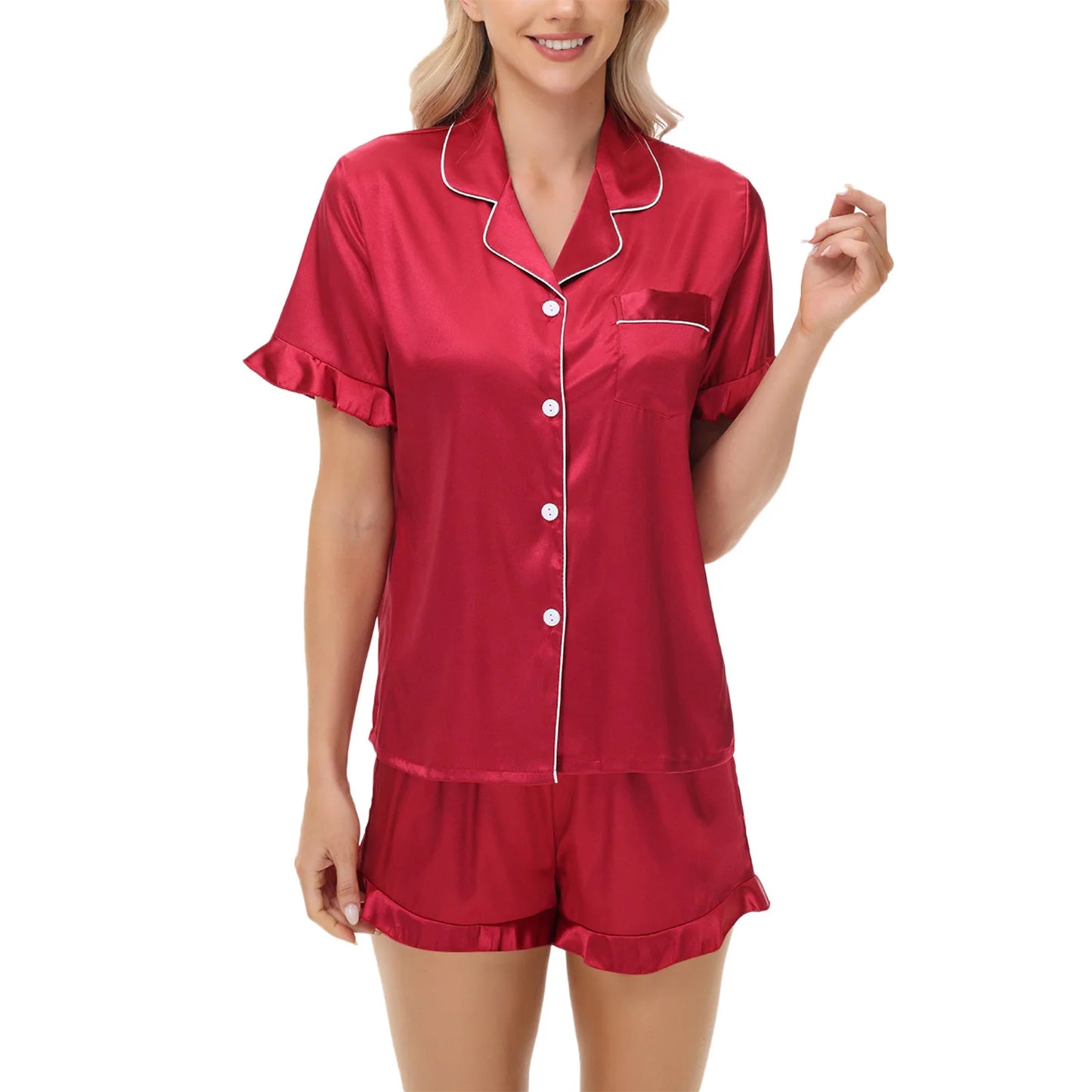 Luxurious Short Sleeve Satin Pajama Women Daily Home Wear Sleepwear Imitation Silk Lounge wear Button-Up Lapel Collar Nightwear
