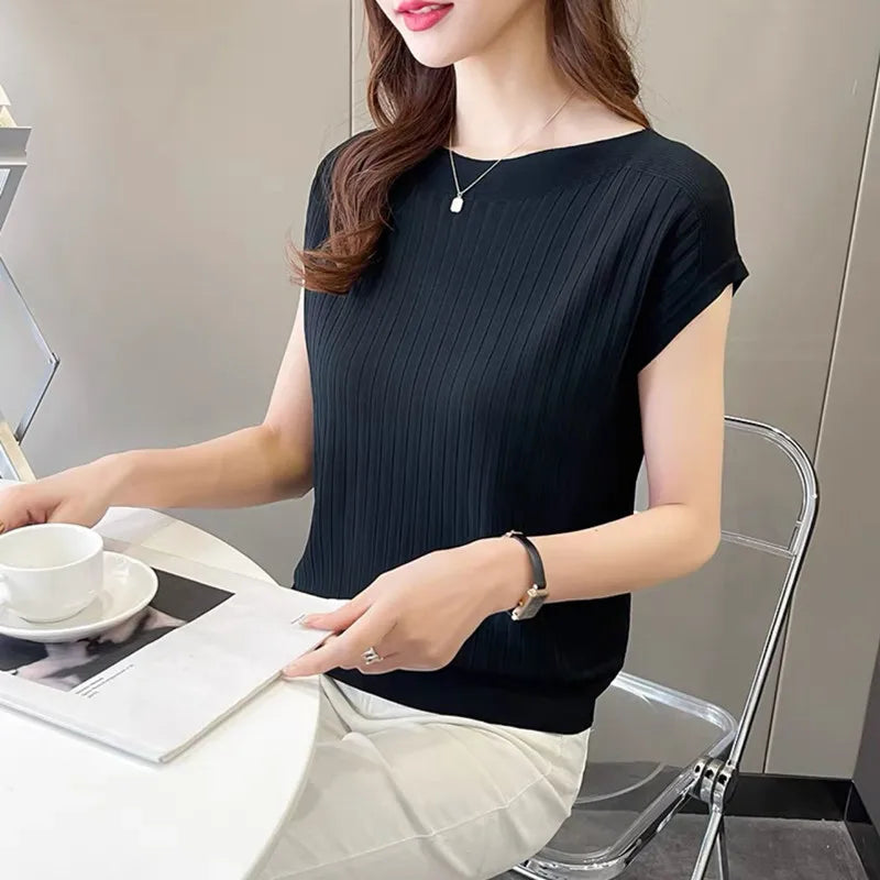 2025 New Spring Autumn Fashion Straight Neck Knitted Sweater Short Sleeve Women Solid Color Simple Casual Tops Fema