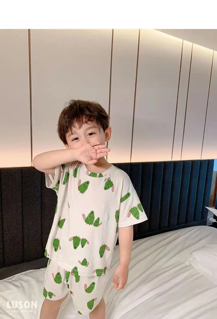 Summer Home Clothes Air-conditioned Clothes Boys and Girls Ice Silk Fabric Loose Short Sleeved Shorts Two-piece Set of Pajamas