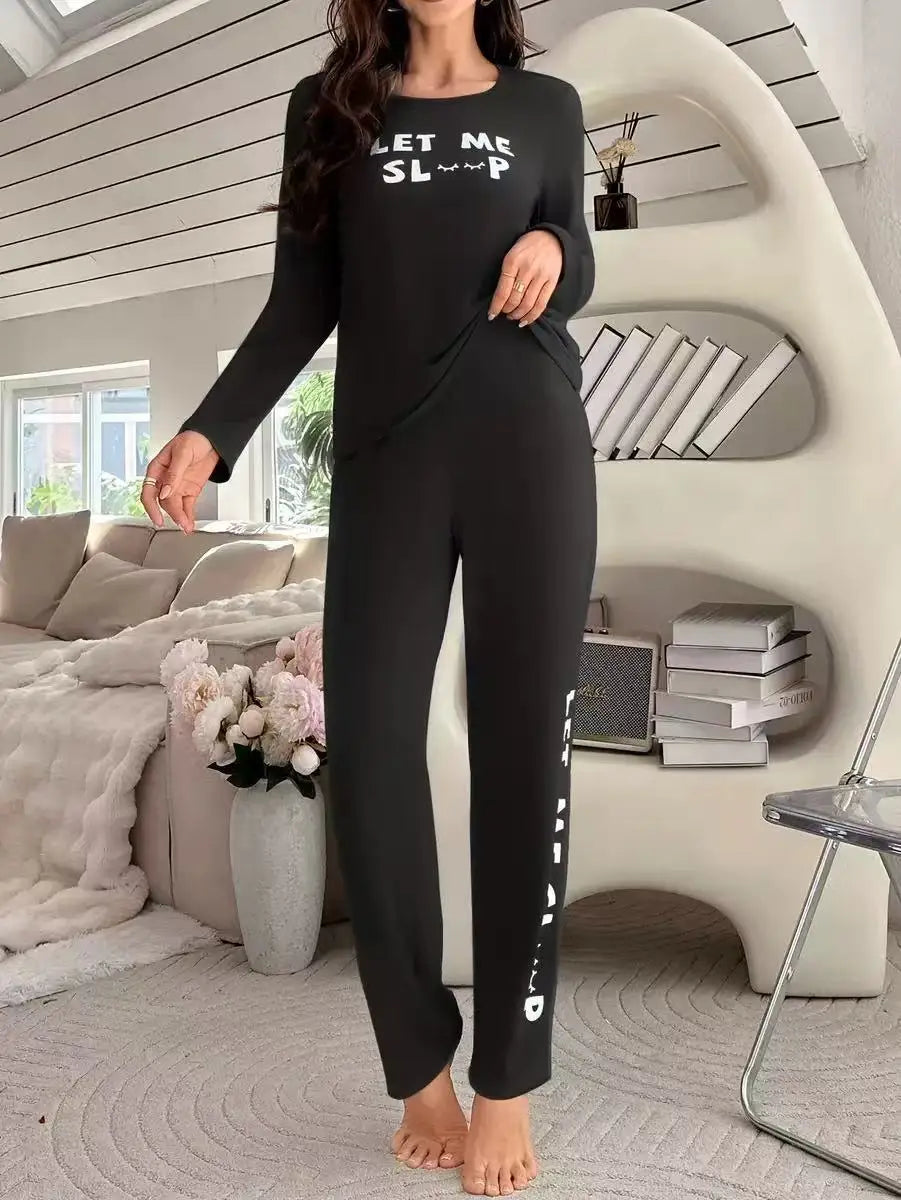 Women's Pyjama Set Fashionable Alphabet Print Round Neck Top and Long Trousers Set Simple and Casual Homewear
