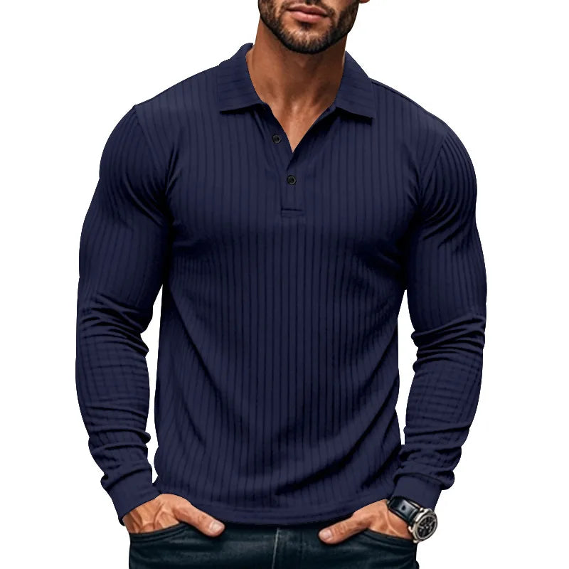 Business Striped Polo Shirt Men 2025 Autumn Men's American Lapel Tops Button-up Long-sleeve T-shirt Elastic Stripe Polo Shirts