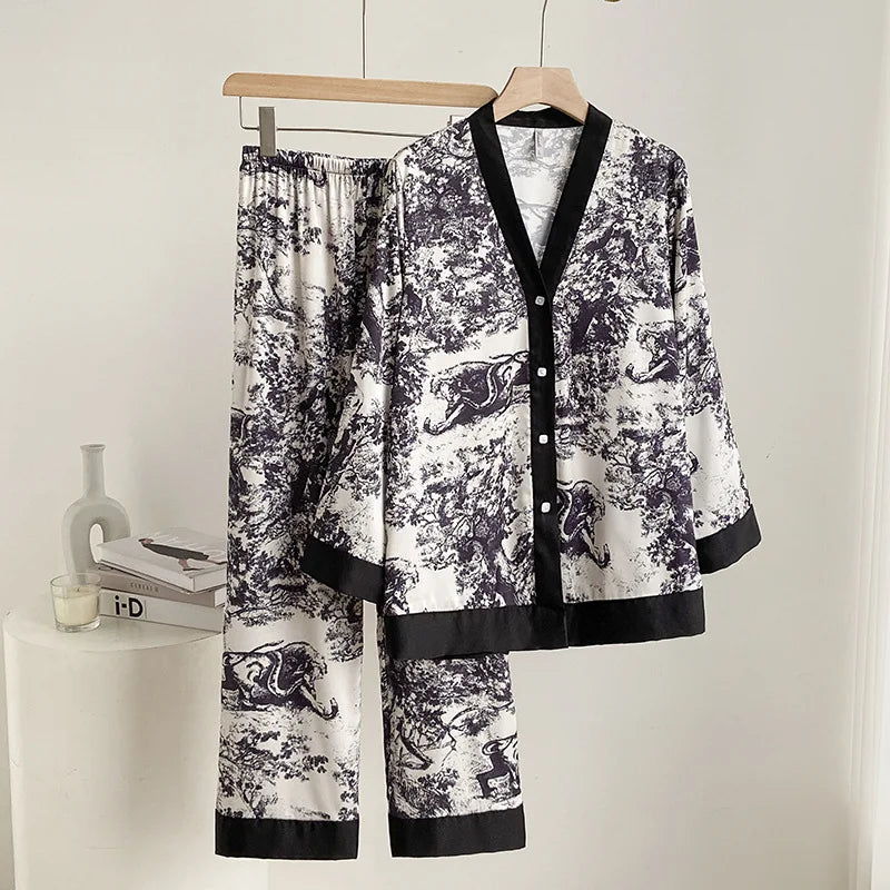 Women's Pajamas Sets Spring Autumn 2 Piece Print Leaves Pyjama Faux Silk Satin Sleepwear Long Sleeve Pijama Mujer Pjs Homewear