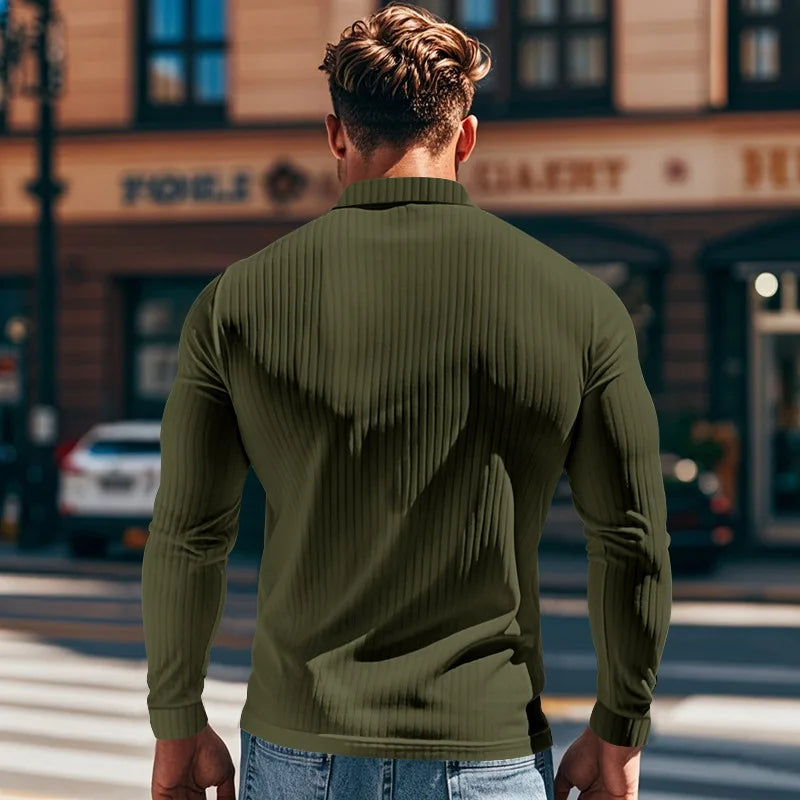 Business Striped Polo Shirt Men 2025 Autumn Men's American Lapel Tops Button-up Long-sleeve T-shirt Elastic Stripe Polo Shirts