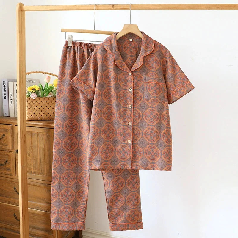 Summer Pijama Cotton Pajamas Set Middle Aged Mother Women 2 Piece Set Outfit Jacquard Home Wear Trousers Short Sleeve Sleepwear