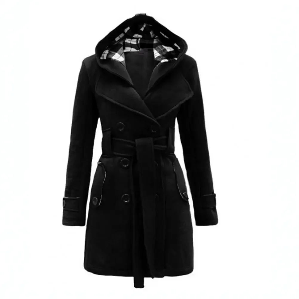 British Style Women Woolen Coat with Belt 2025 Double-Breasted Winter Coat Women's Jacket Double Neckline Plaid Hooded Overcoat