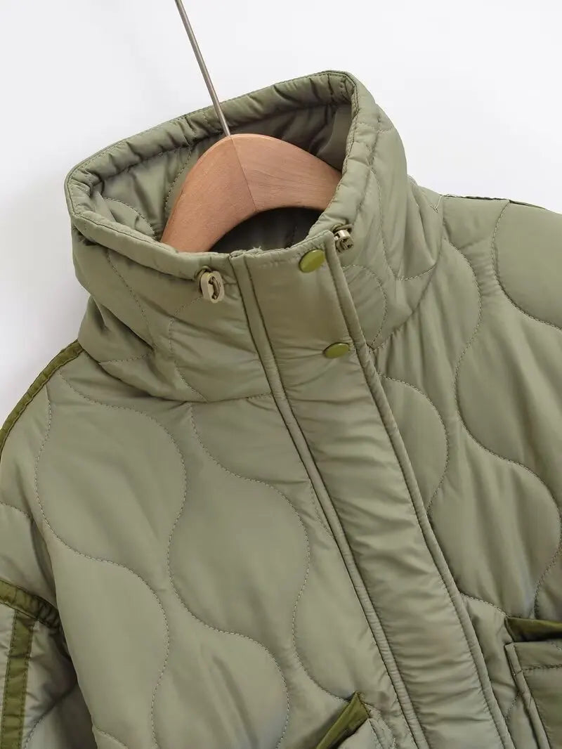 Quilted coat for women ETJ 2024traf QUILTED JACKET WITH TIES new beige drawstring high neck pocket clip cotton jacket for women