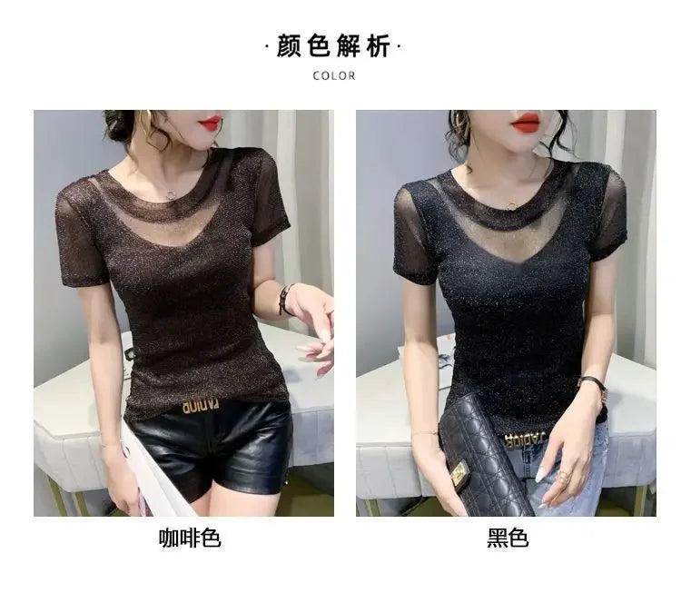 Summer Women Clothing 2025 New Half-sleeved Fashionable Short-sleeved T-shirt Hollow Mesh Top Lace Pullover