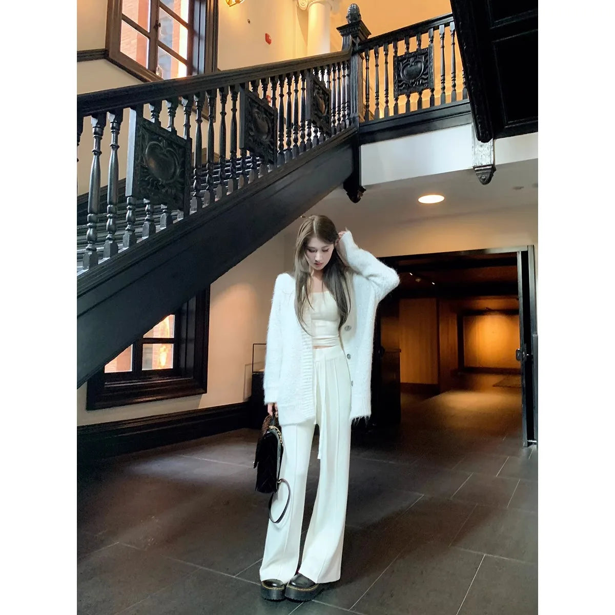 Knitted Pants Women Fashion Vintage Casual Capris Solid Loose Lace Up Wide Leg Pants Elastic Waist 2025 New Autumn Winter Pants
