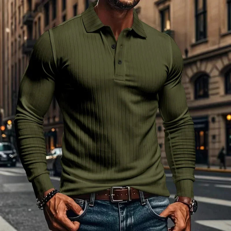 Business Striped Polo Shirt Men 2025 Autumn Men's American Lapel Tops Button-up Long-sleeve T-shirt Elastic Stripe Polo Shirts