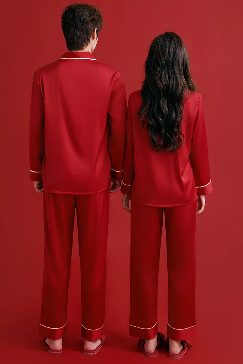 Couples Casual Red Pajamas Ice Silk Women Mens Pajama Pants Sets Satin Long Sleeve Sleepwear Home Pijama Night Wear Loungewear