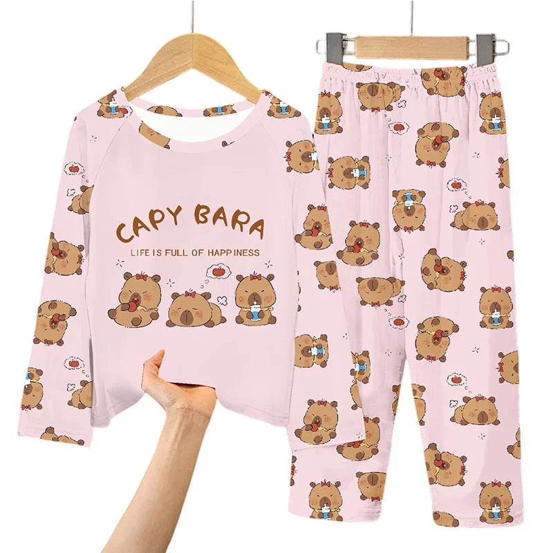 Capibara Kids Pajama Sets Long Sleeve Loungewear with Cute Animal Print Soft Sleepwear for Boys/Girls Cartoon Sleep Pants Outfit