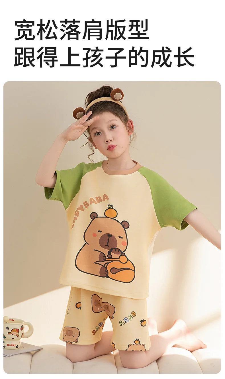 Capybara Pajama Sets 2025 Summer Teen Girls Cartoon Short Sleeved Tops Shorts 2pcs Kids Sleepwear Children Nightgown Loungewear