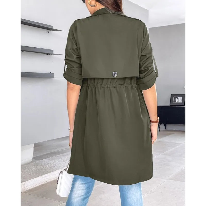 Women's Winter Autumn Casual Loose Solid Color Coat Ladies Fashion Long Sleeves Mid Length Windbreaker Coat