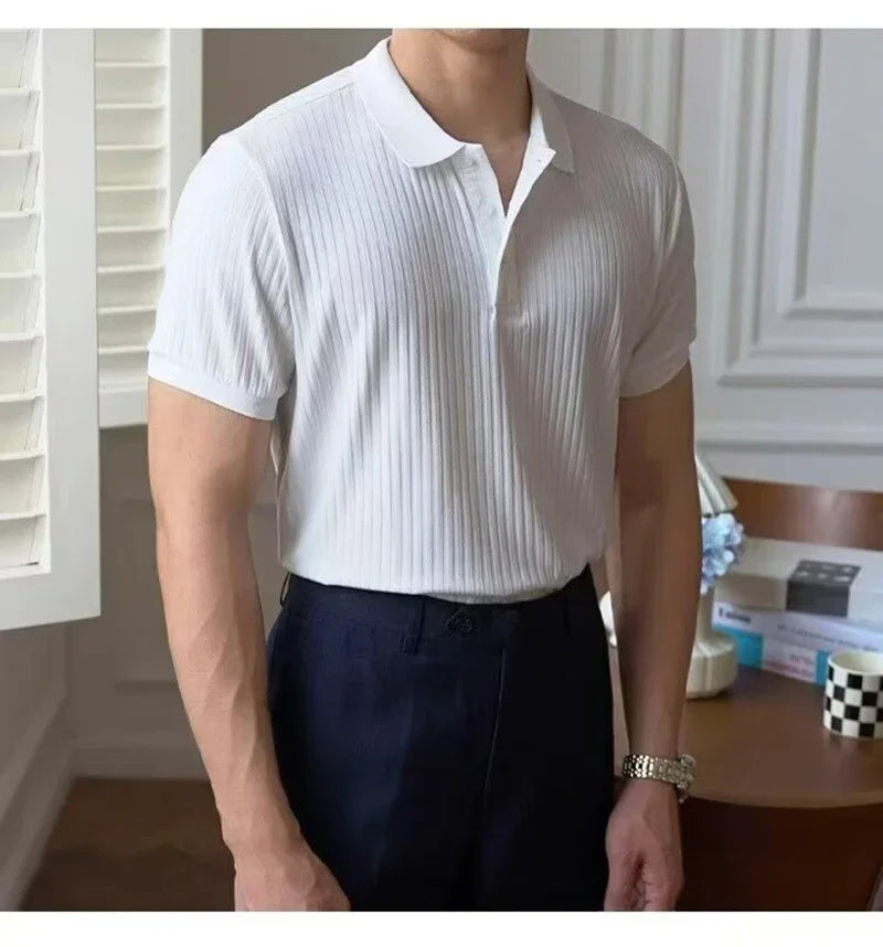 New Vertical Stripe Knit Polo Men's Shirts Summer Slim Solid Color Breathable Turn-Down Collar Business Short Sleeve Polo Tops