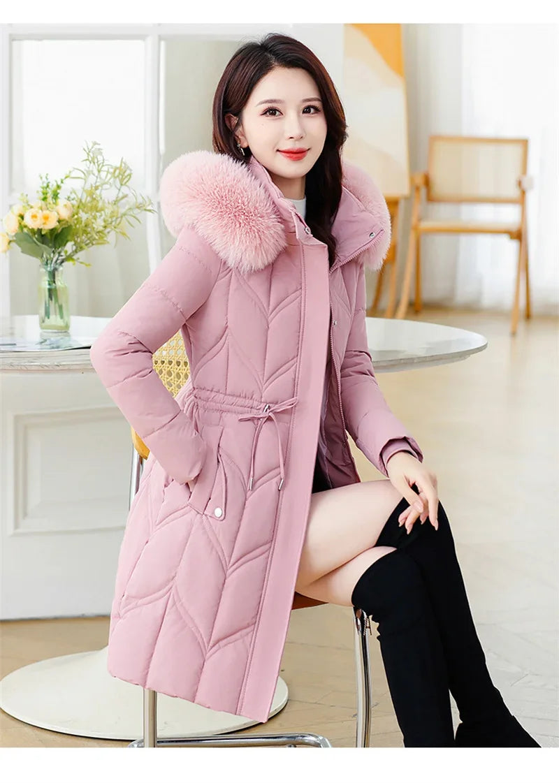 Women Down Cotton Jacket 2025 Mid Long Warm Ladies Outerwear Slim High-End Loose Women Winter Parka Coat Female Cotton Clothes