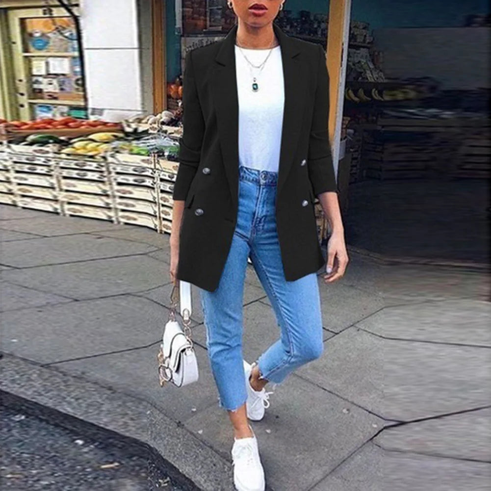 2023 Autumn/Winter New Women's Solid Button Women's Suit Fashion Pocket Polo Collar Cardigan Temperament Suit Coat Office Lady