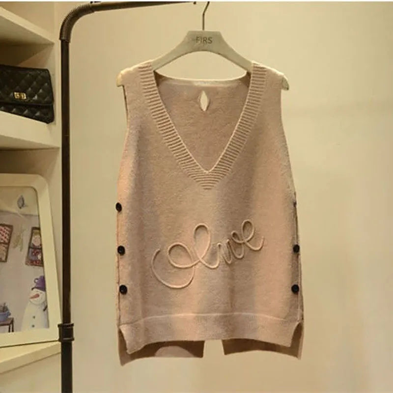 WTEMPO Fashion V-Neck Button High Low Vest Sleeveless Sweater Women's Clothing Autumn All-match Pullovers Loose Korean Tops