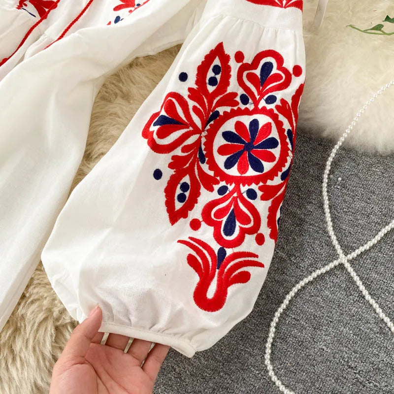 Bohemian Embroidered Dress for Women, Boho, Flower, O-Neck, Lantern Long Sleeve, High Waist, Cotton, White, Spring