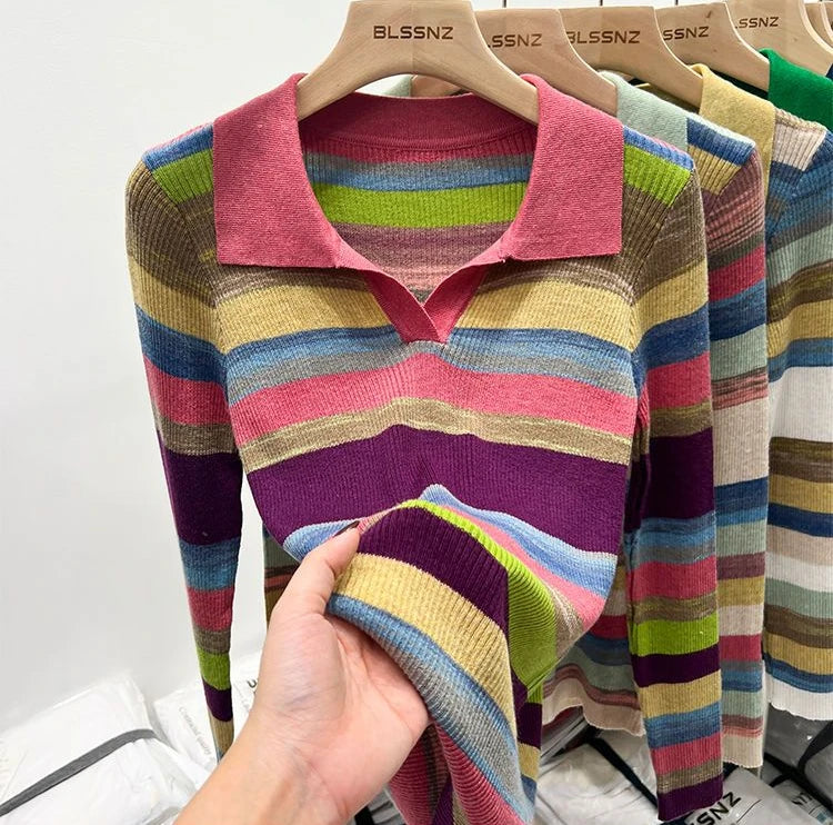 Polo Neck Shirts For Women Long Sleeve Tops Striped Clothing Knit Youth Offer Chic Elegant Summer 2024 T-shirt Woman Cotton New