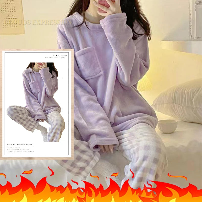 Autumn Winter Flannel Women's Pajamas Sets Polka Dots Printed Teddy Sleepwear Velvet Homewear Kawaii Girsl Pijamas Mujer Pyjama