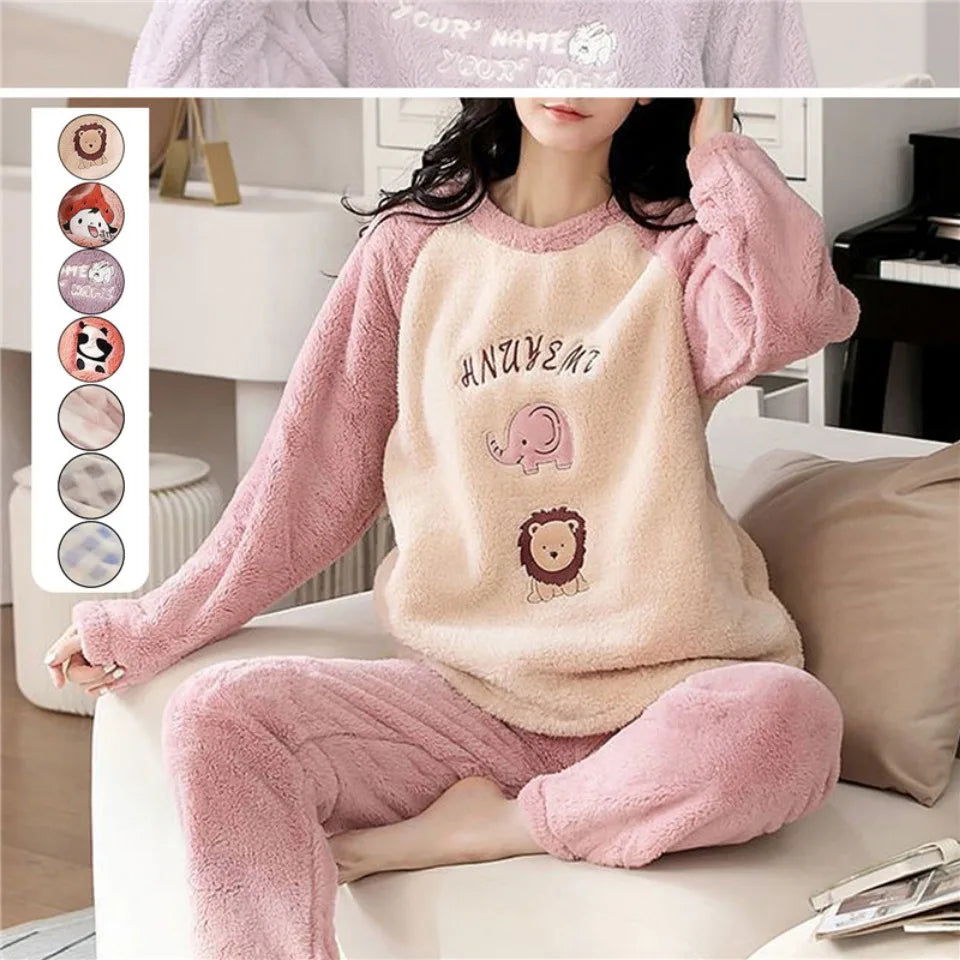 Autumn Winter Flannel Women's Pajamas Sets Polka Dots Printed Teddy Sleepwear Velvet Homewear Kawaii Girsl Pijamas Mujer Pyjama