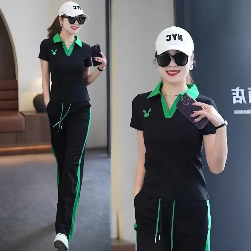 Women's Casual Sports Suit 2025 New Summer Spring Style Clothes Fashion Short Sleeve Lapel T-shirt Wide Leg Pants Two Piece Set