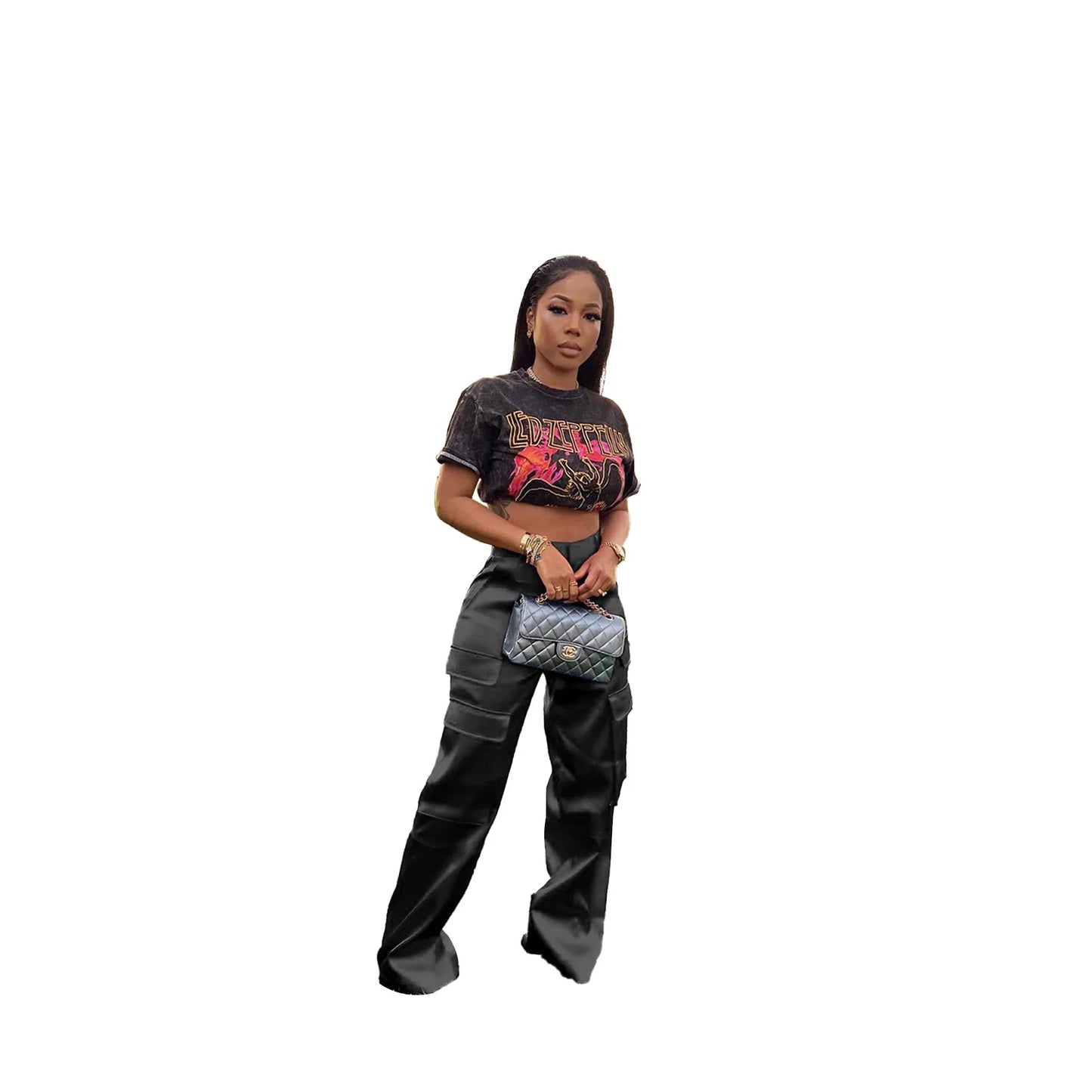 Women Pants Spring Summer Casual Satin Stretch High Waist Cargo Pants With Pocket Streetwear Solid Wide Leg Pants Flare Trouser