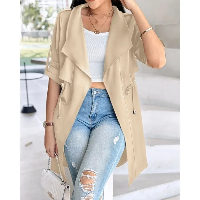 Women's Winter Autumn Casual Loose Solid Color Coat Ladies Fashion Long Sleeves Mid Length Windbreaker Coat