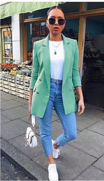 2023 Autumn/Winter New Women's Solid Button Women's Suit Fashion Pocket Polo Collar Cardigan Temperament Suit Coat Office Lady