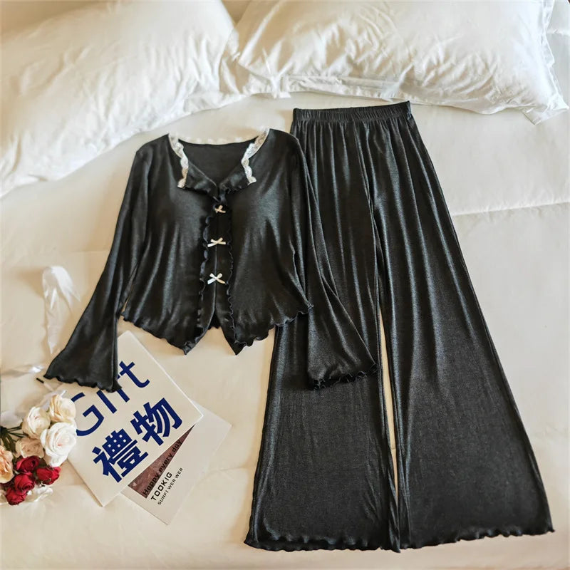 Pijama Feminina New Modal Chest Pad Set 2 Piece Woman Long Sleeve Pajama Sets Casual Korean Sleepwear Pyjamas Femme Home Wear