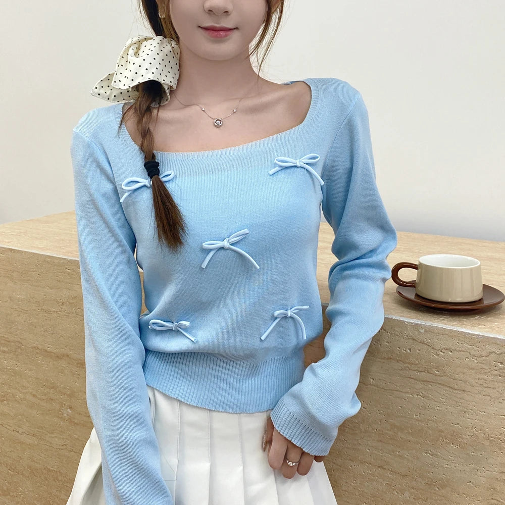 Women Bow Cute Knitted Crop Tops Long Sleeve Square Collar Slim Black Pullover Sweater Female 2025 Autumn And Winter