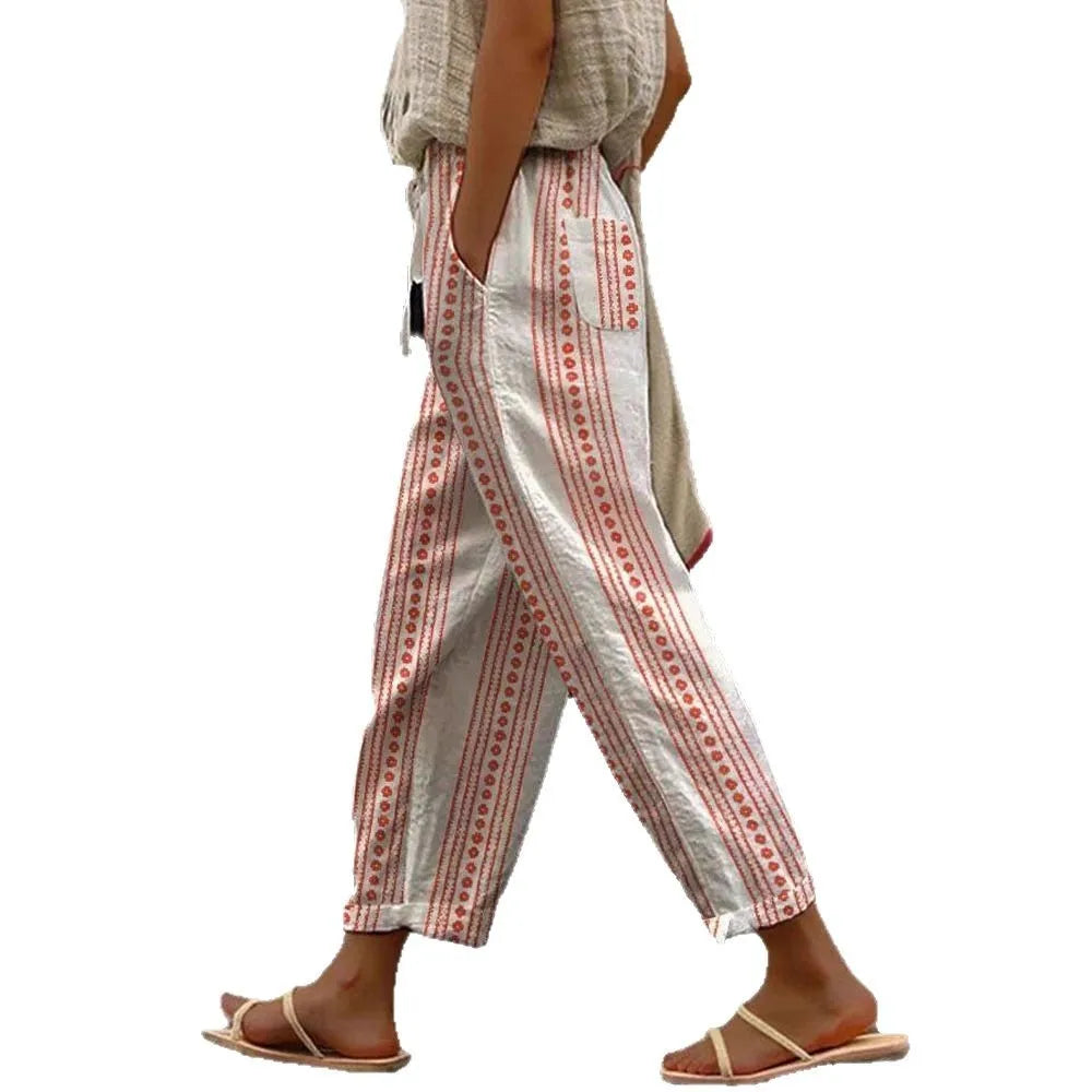 Women Pants New Summer Autumn Boho Style Sleepwear Wide Leg Pants High Waist Casual Female Calf-Length Clothes Loose Trousers