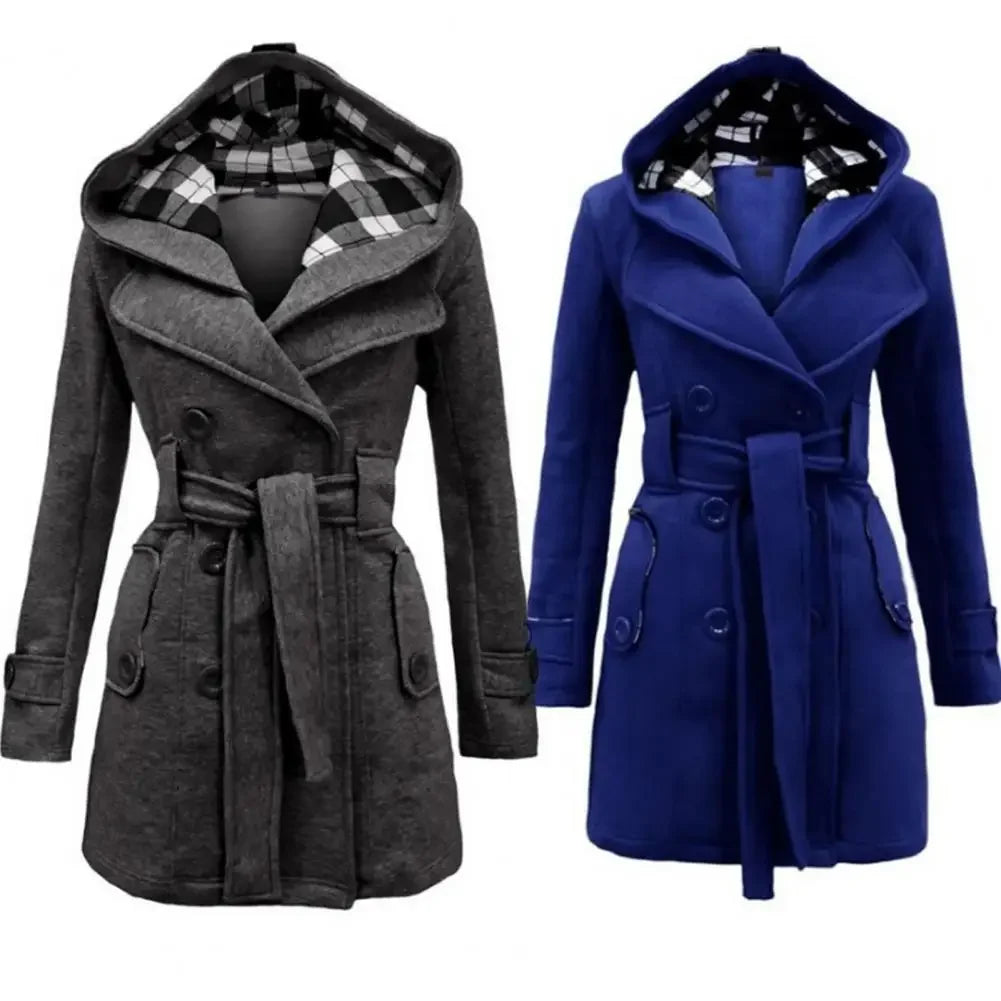 British Style Women Woolen Coat with Belt 2025 Double-Breasted Winter Coat Women's Jacket Double Neckline Plaid Hooded Overcoat
