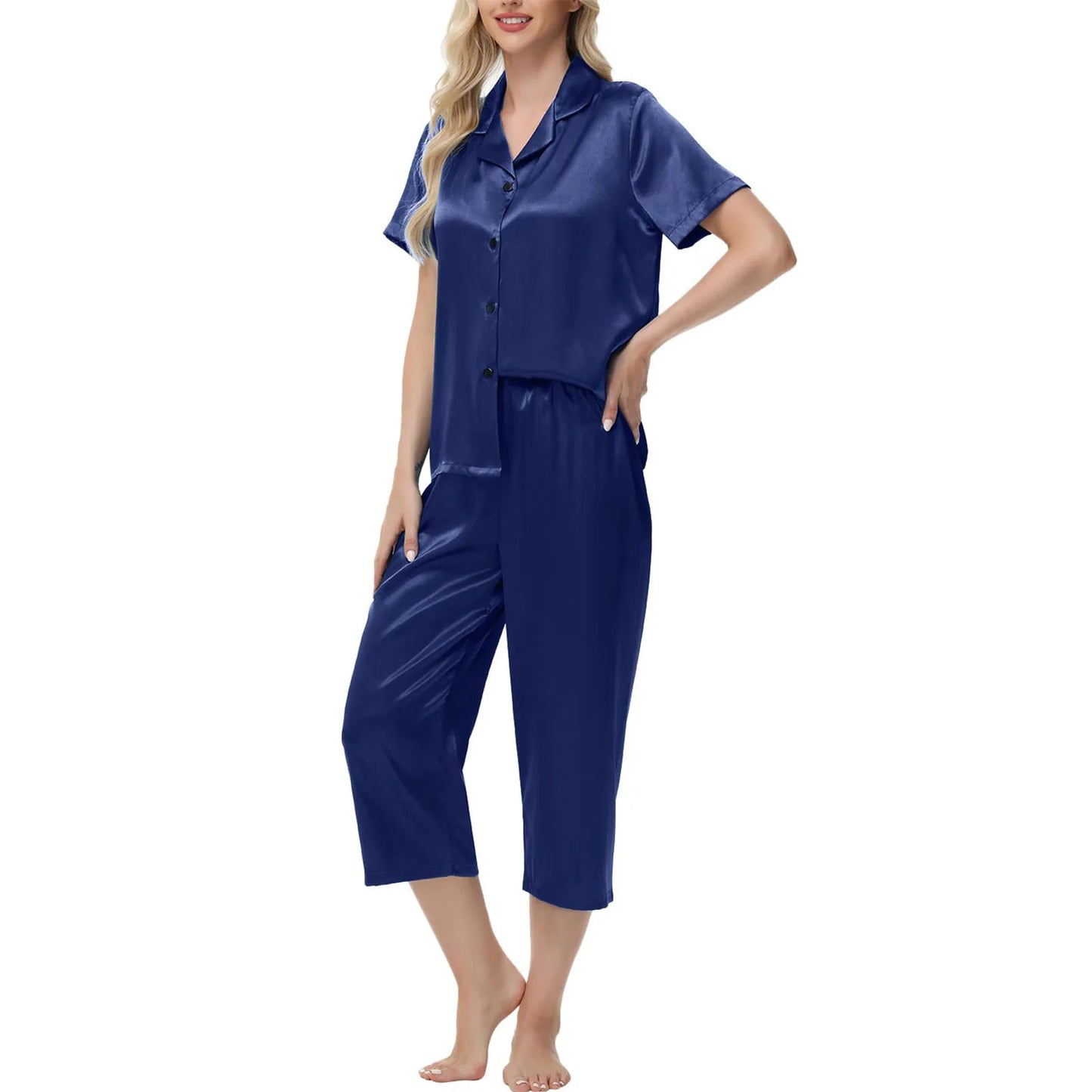 Women'S Pajama Set Burgundy Silky Fabric Short Sleeve Fashion Pants Home Clothes Bedroom Leisure Scene Stay At Home