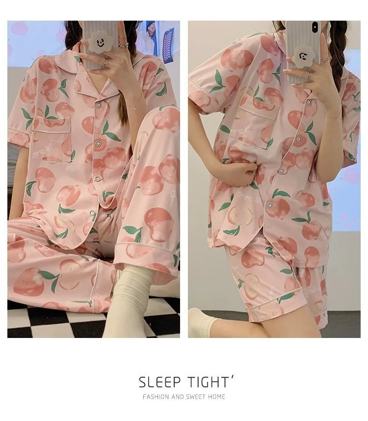 Women's Summer Three-Piece Pajama Set: Cute Teenage Student Short-Sleeved Long Pants Casual Korean-Style Pajamas Underwear