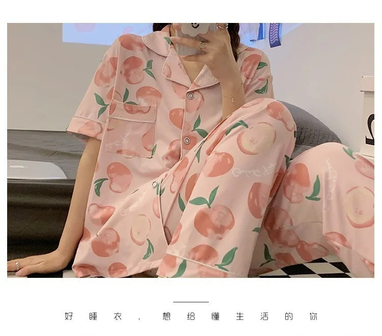 Women's Summer Three-Piece Pajama Set: Cute Teenage Student Short-Sleeved Long Pants Casual Korean-Style Pajamas Underwear