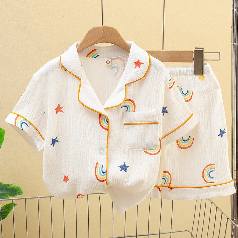 Boys Girls Pajama Baby Capris Suit Clothes SummerThin Cotton Short Sleeve Homewear Children Family Outfits Tops+Pants 2PC 2-10T