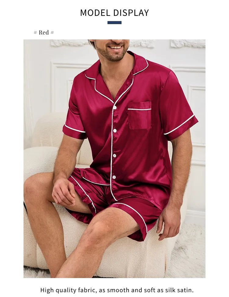 Men's Pajamas Set For Summer Short Sleeve Pocket Button Down Shirt & Shorts Pyjama Loungewear Set Sleepwear Pijama Home Clothing