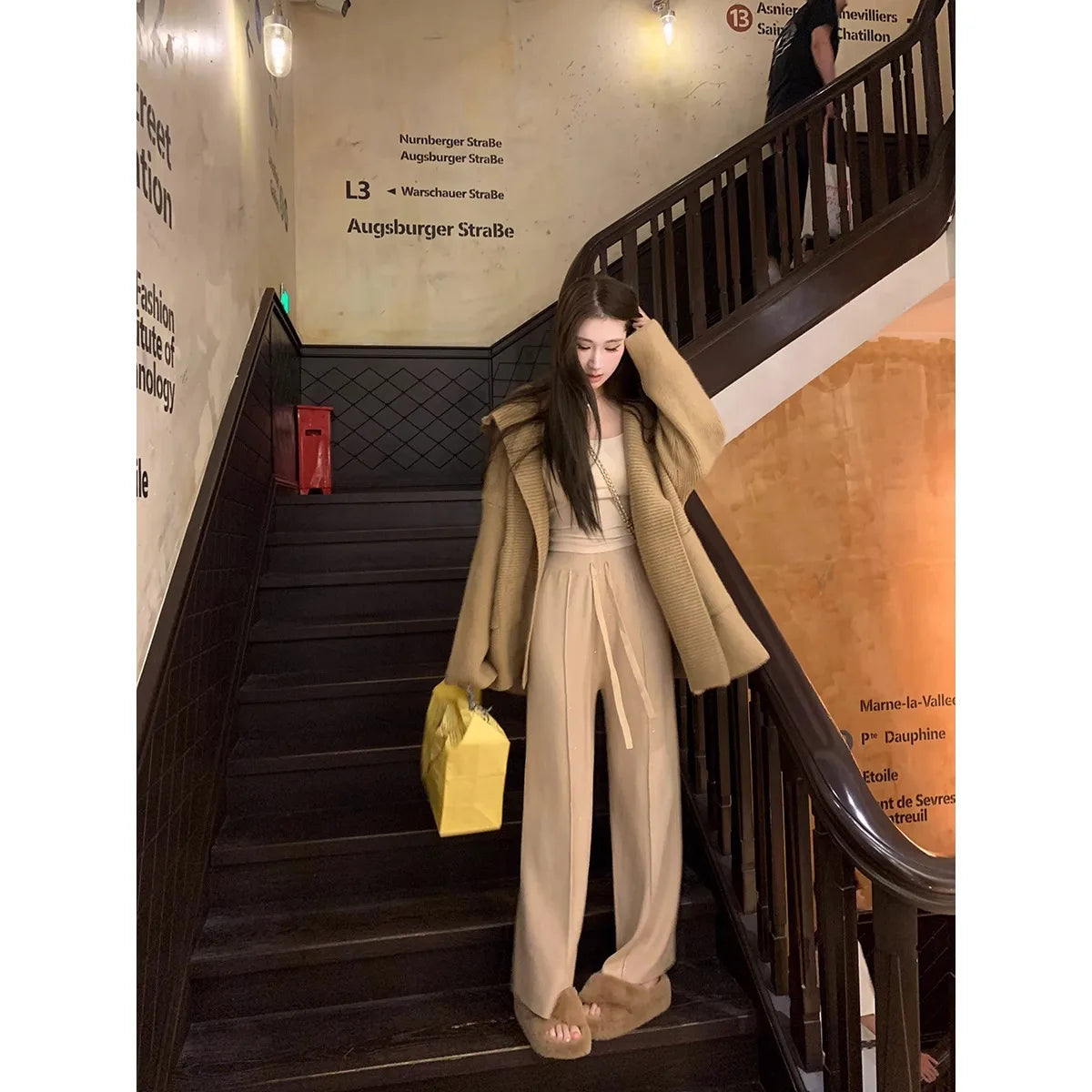 Knitted Pants Women Fashion Vintage Casual Capris Solid Loose Lace Up Wide Leg Pants Elastic Waist 2025 New Autumn Winter Pants