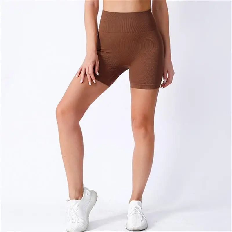 High-waisted Yoga Pant For Women, Designed To Lift And Shape, Tight-fitting With Solid Color And Ribbed Texture, Sports Shorts